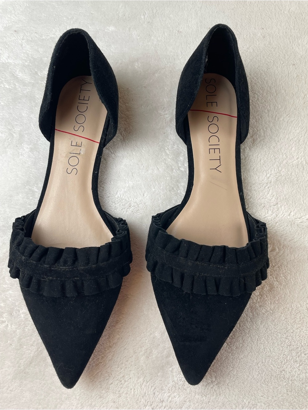 Sole Society Black Suede Pointed D'Orsay Flats with Ruffle Trim